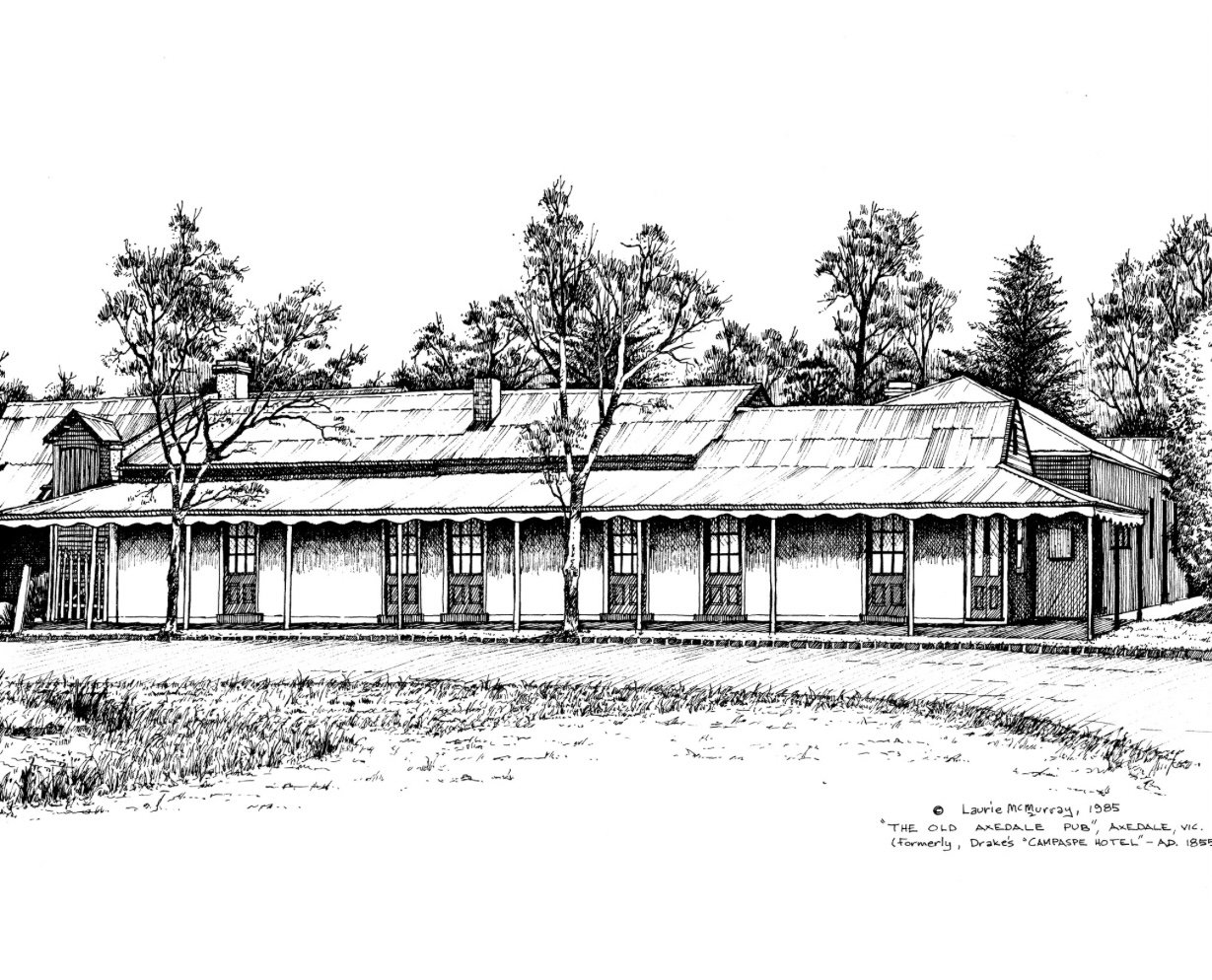 Pen drawing of the old Axedale pub, formerly Drake's Campaspe Hotel, 1855